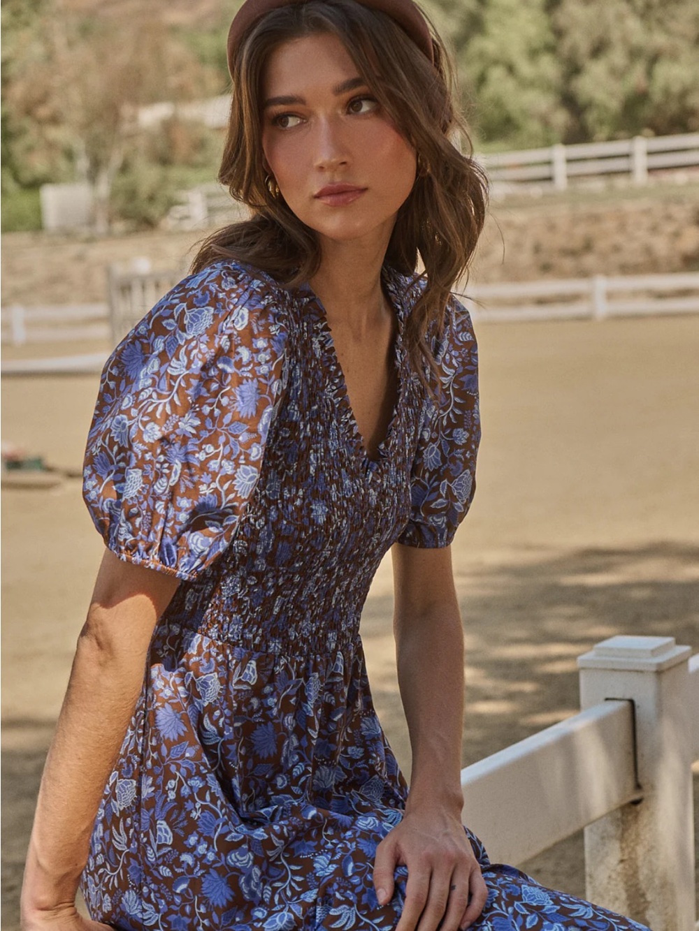 Baltic Born Sugar Lips Blue and Brown Floral Maxi Dress Cotton